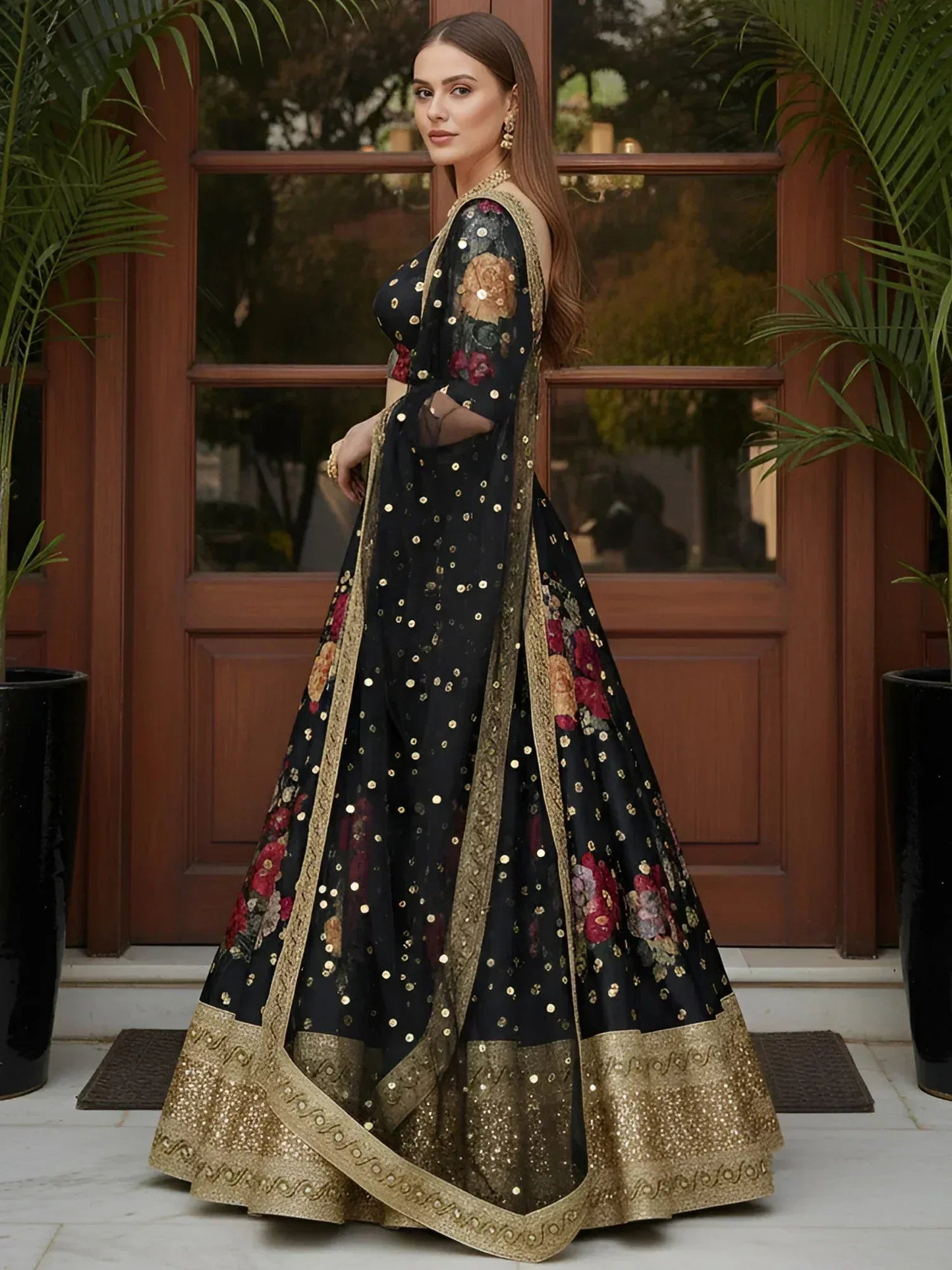 Tulsi Art Lovable Black Floral Printed Silk Reception Wear Lehenga Choli With Dupatta