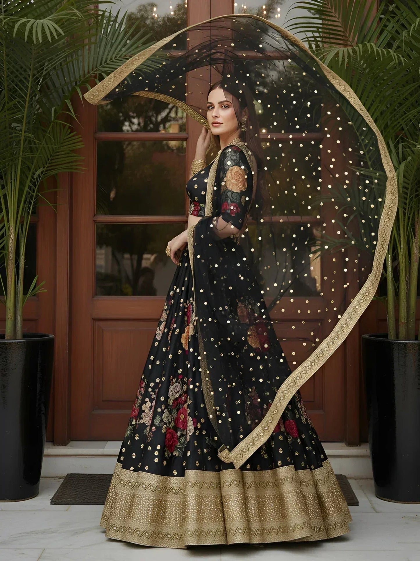 Tulsi Art Lovable Black Floral Printed Silk Reception Wear Lehenga Choli With Dupatta