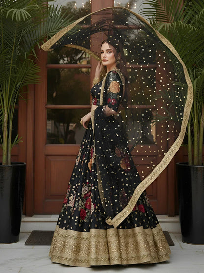 Tulsi Art Lovable Black Floral Printed Silk Reception Wear Lehenga Choli With Dupatta