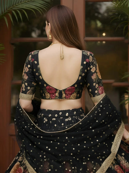 Tulsi Art Lovable Black Floral Printed Silk Reception Wear Lehenga Choli With Dupatta