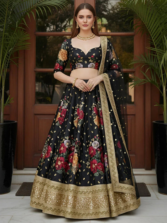 Tulsi Art Lovable Black Floral Printed Silk Reception Wear Lehenga Choli With Dupatta