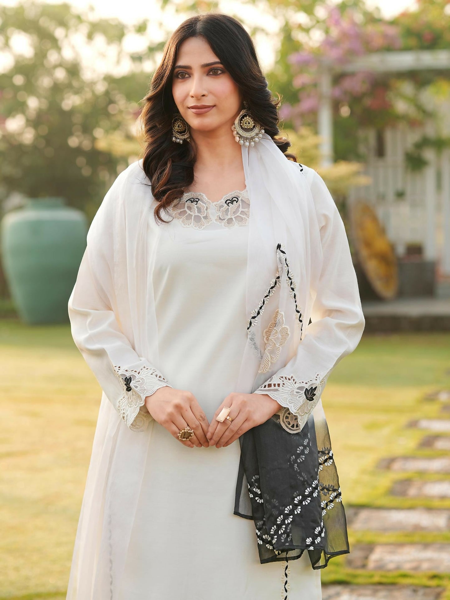 Nikhaar Cream Embroidered Art Silk Stitched Straight Cut Kurta Palazzo Dupatta Readymade Suit