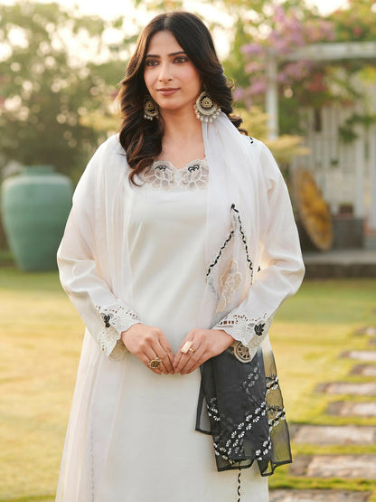 Nikhaar Cream Embroidered Art Silk Stitched Straight Cut Kurta Palazzo Dupatta Readymade Suit