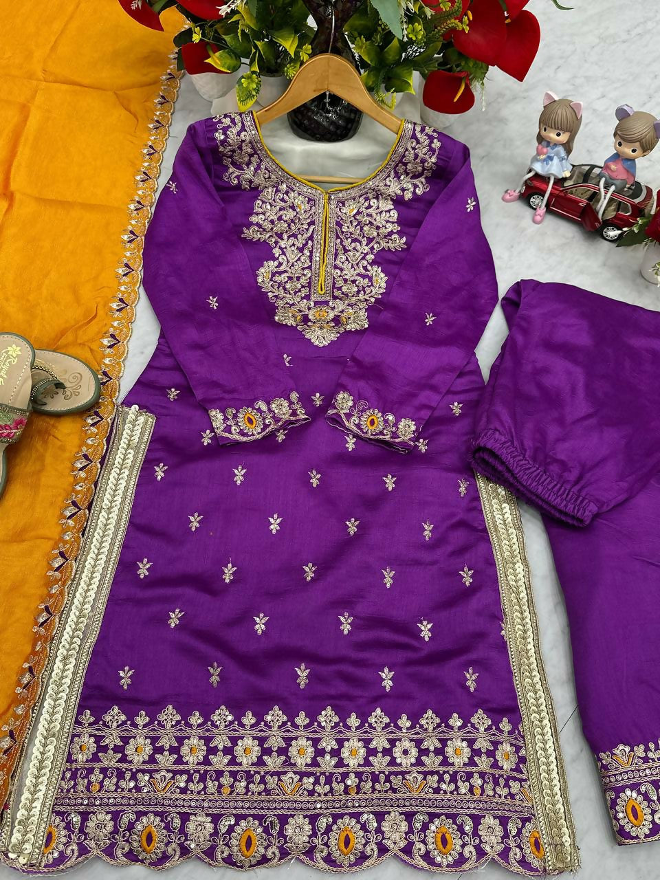 Teeya Creation Womens New Wedding Wear Heavy Embroidery Thread Work Purple Kurta Set