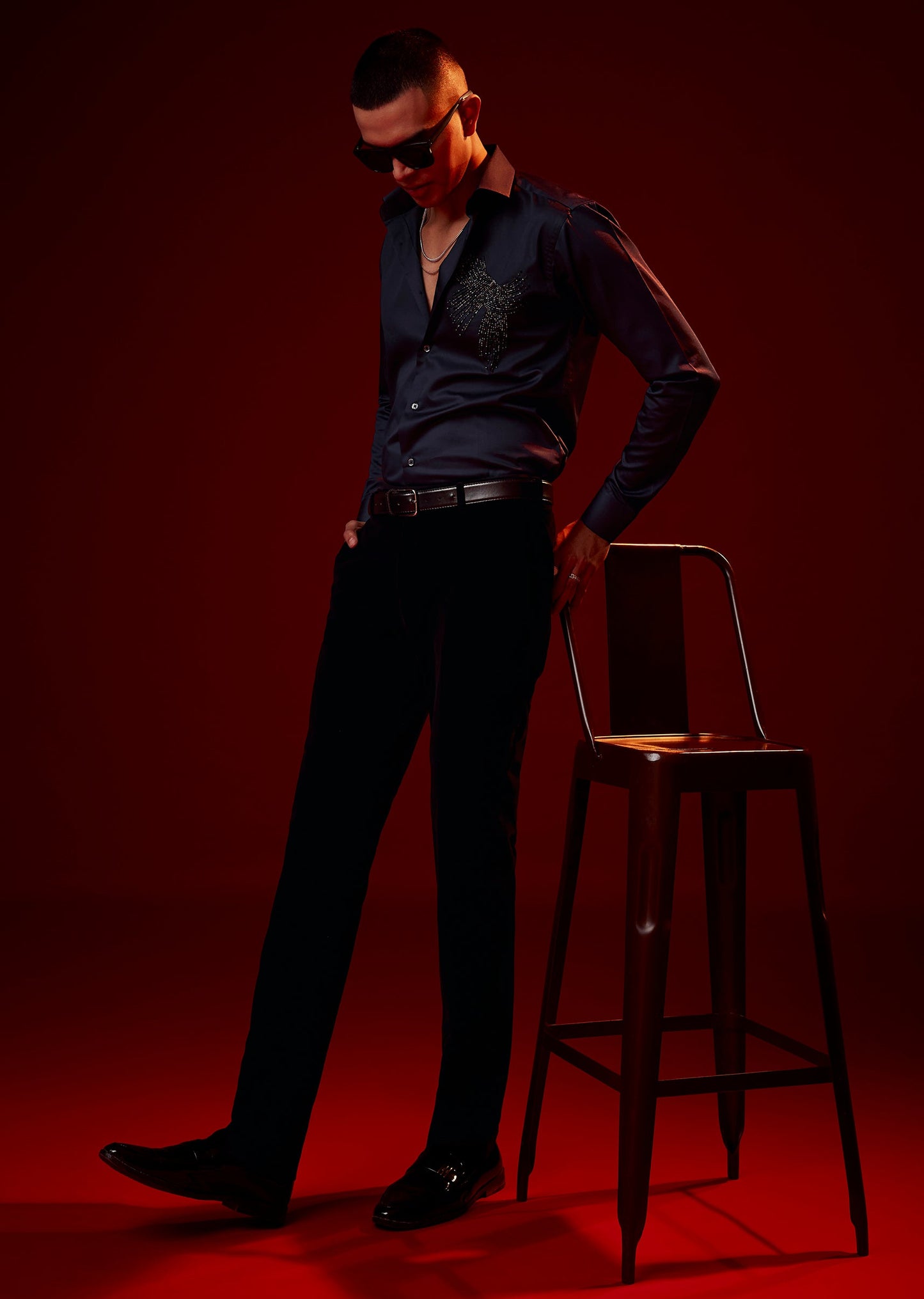 Blue Bead Embroidered Silk Blend Shirt