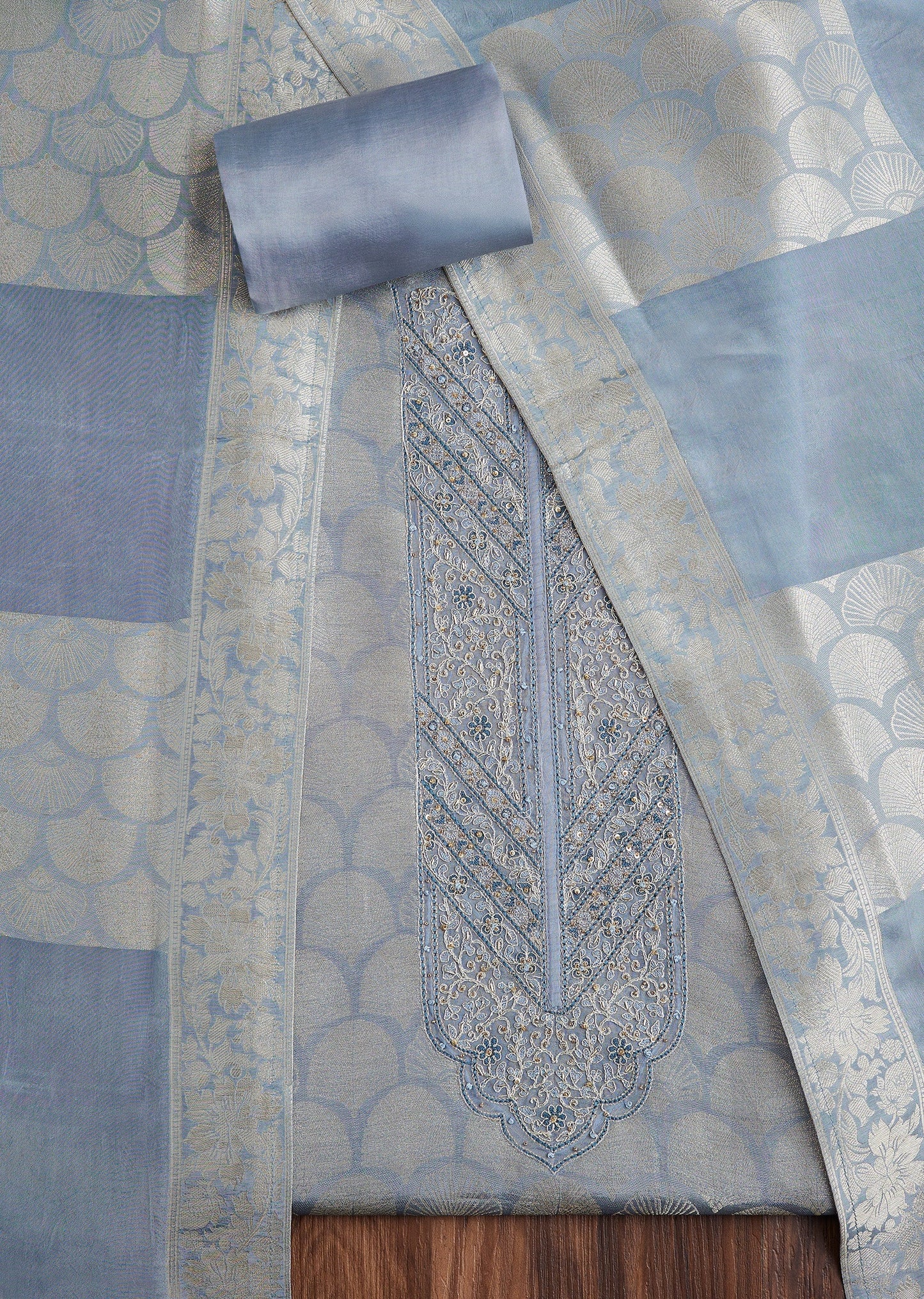 Blue Brocade Embroidered Suit