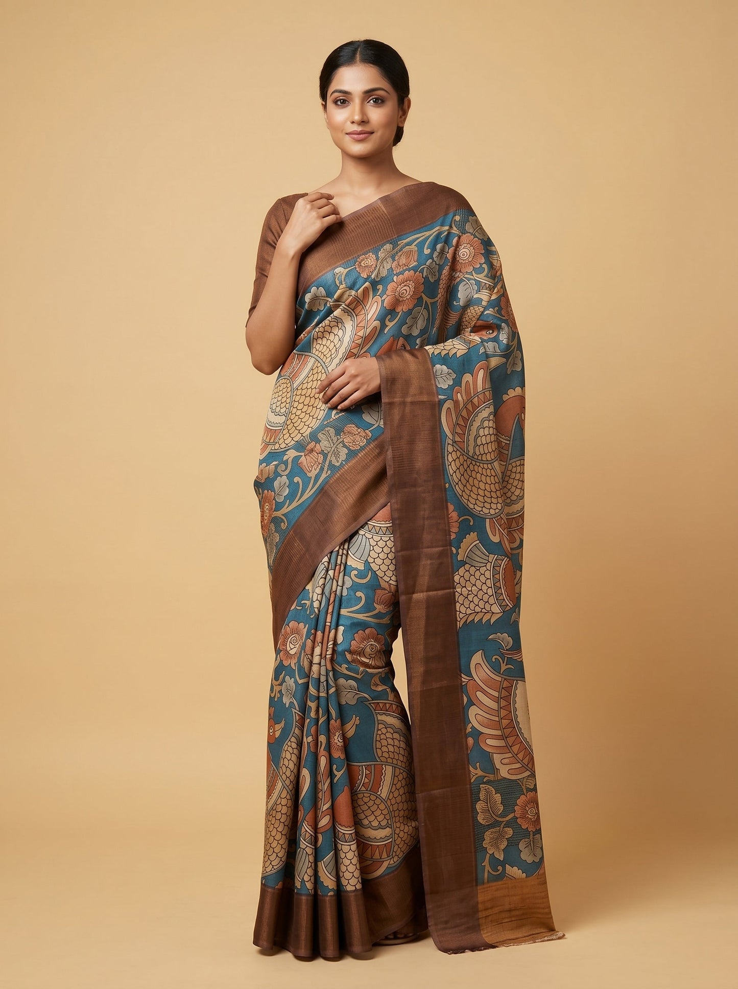 Blue Brown Fusion Printed Saree