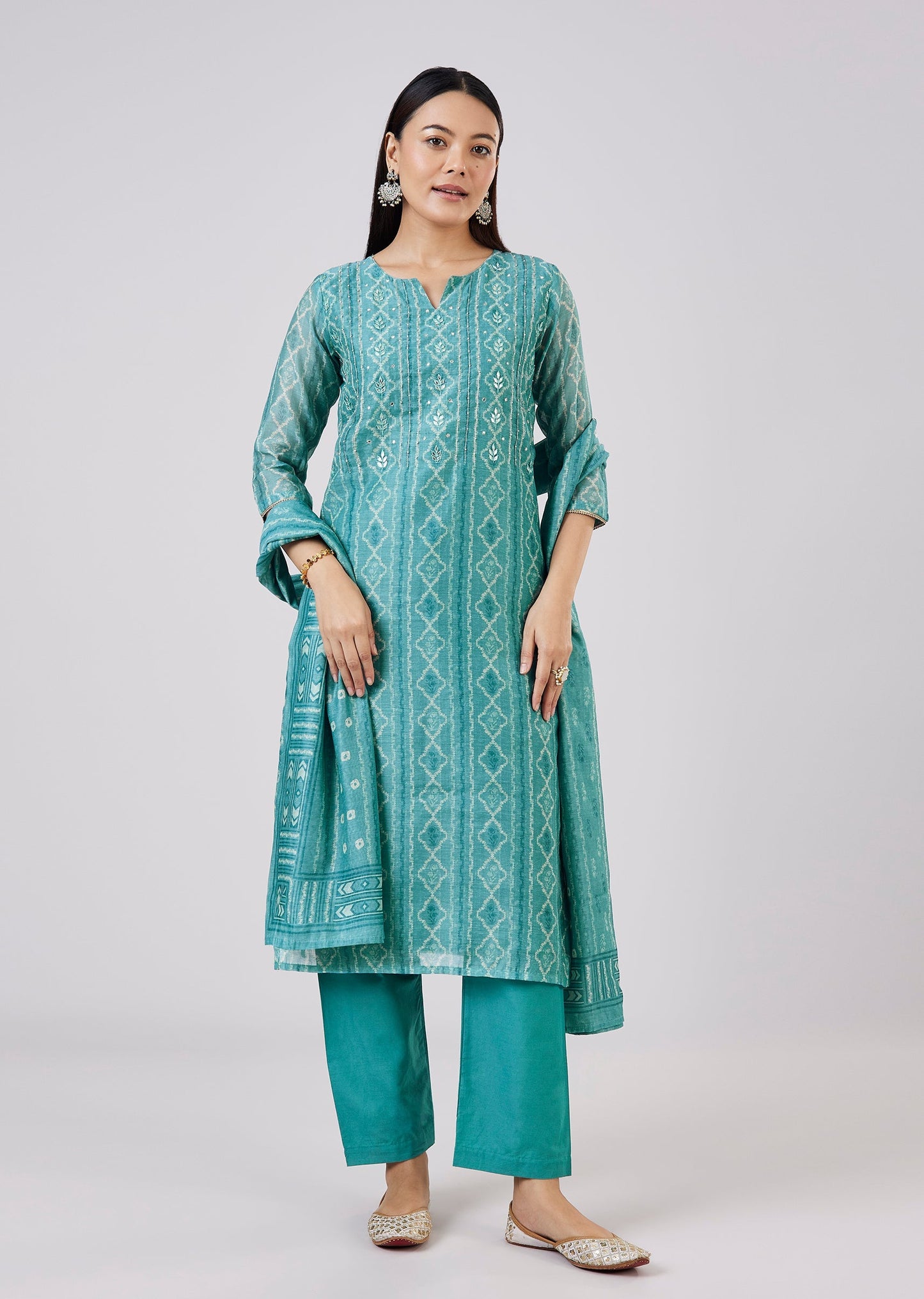 Blue Chanderi Kurta Set With Gotta And Moti Work