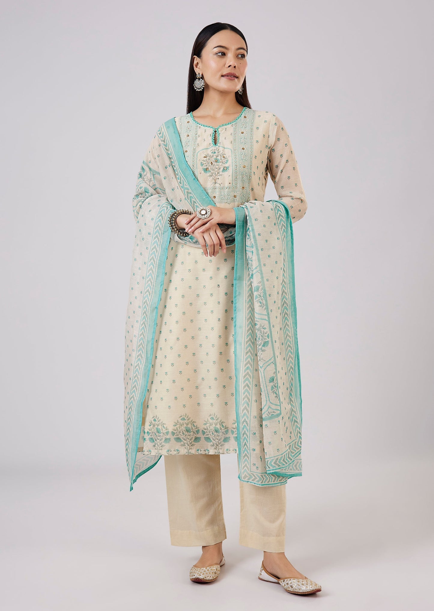 Blue Chanderi Kurta Set With Zari And Sequins