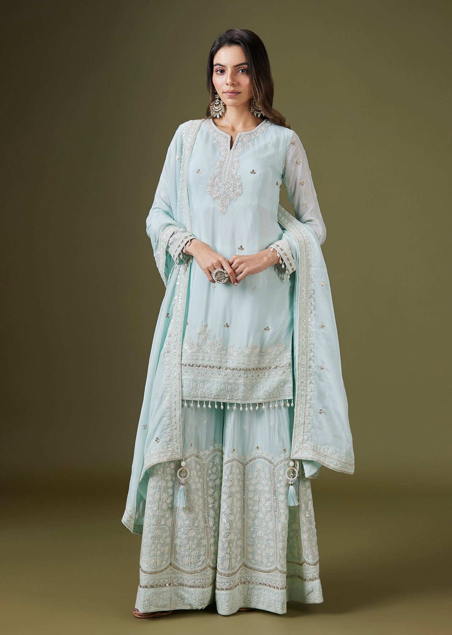 Powder Blue Chinon Thread And Sequin Kurta Set with Pleated Palazzo