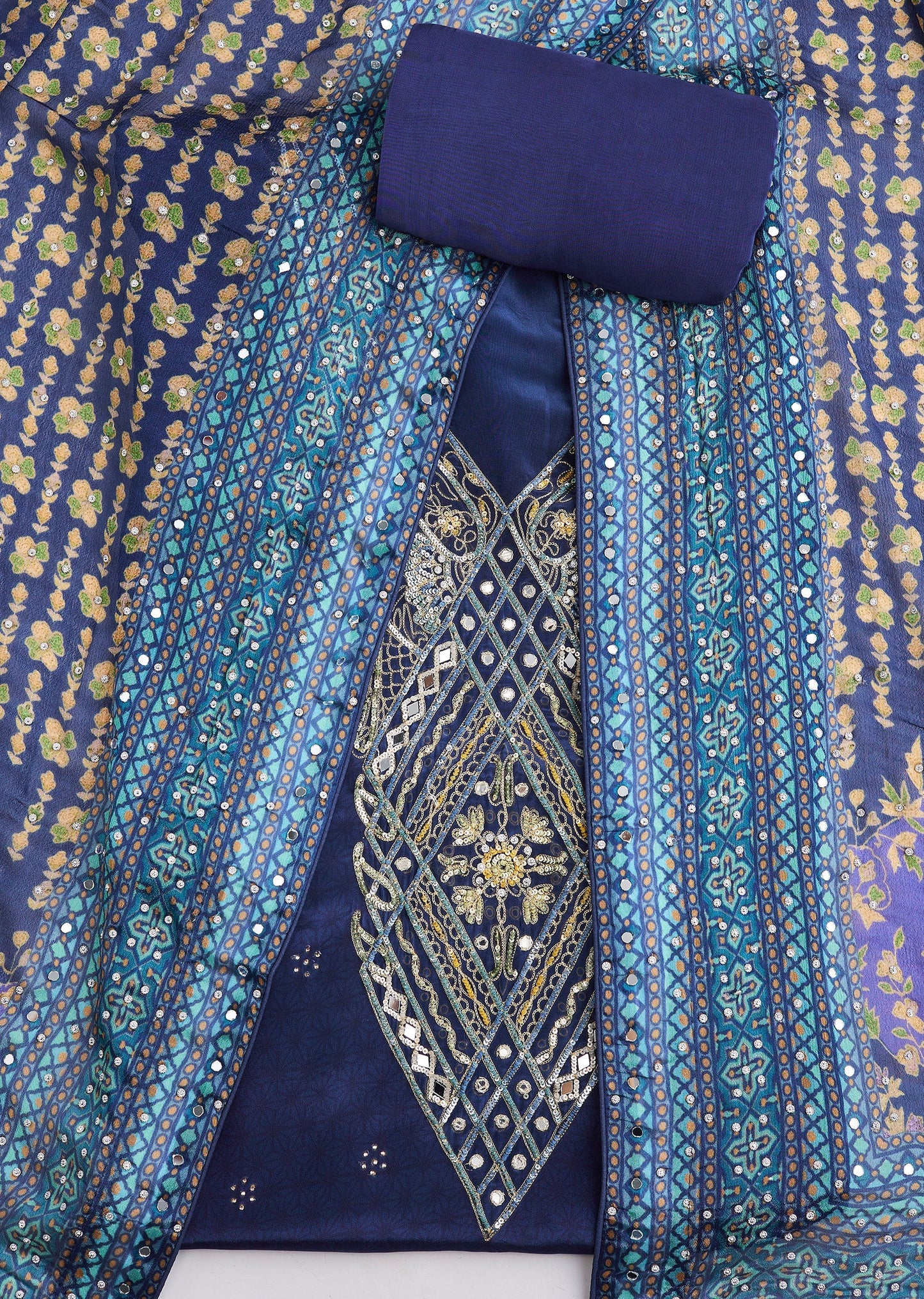 Blue Crepe Embroidered Unstitched Suit Set With Dupatta