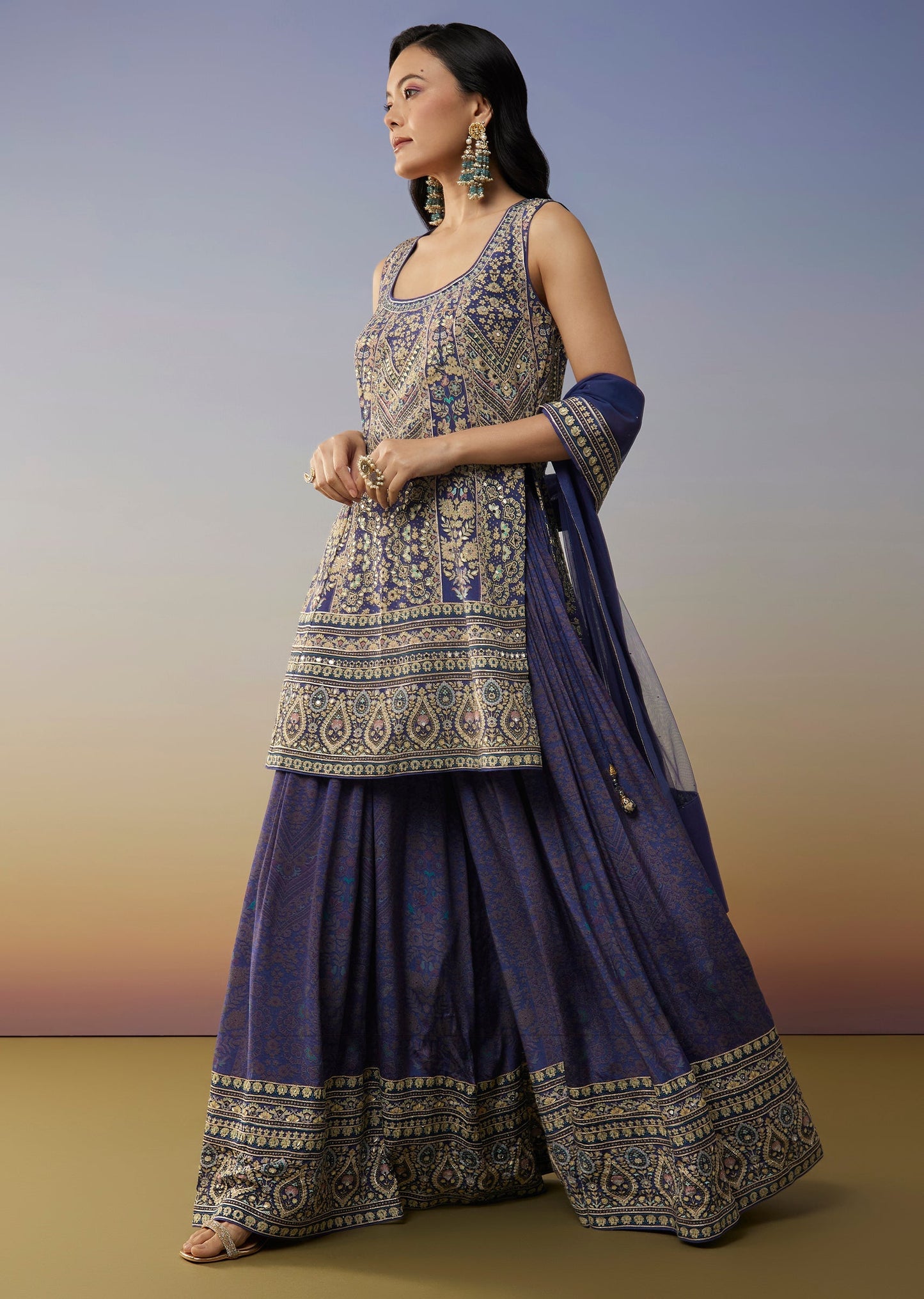 Blue Crepe Palazzo Suits with Floral Printed Stone and Mirror Work