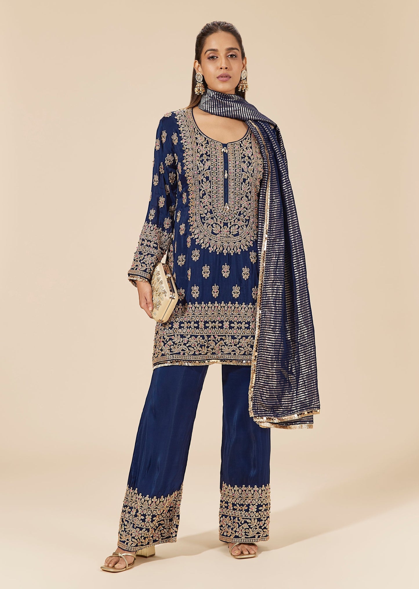 Blue Crepe Silk Kurta Set With All Over Bead Embroidery