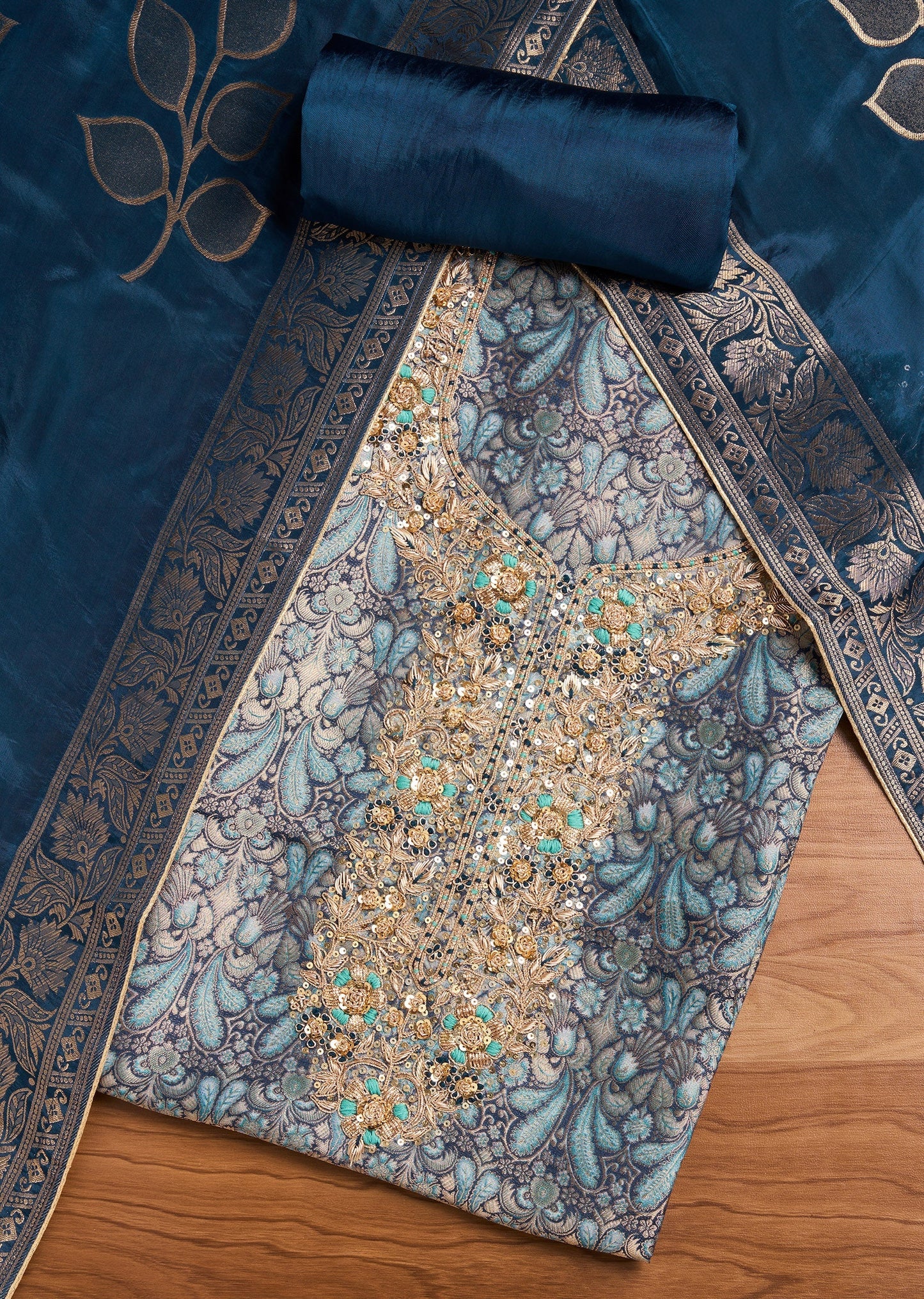 Blue Crepe Unstitched Suit With Dupatta
