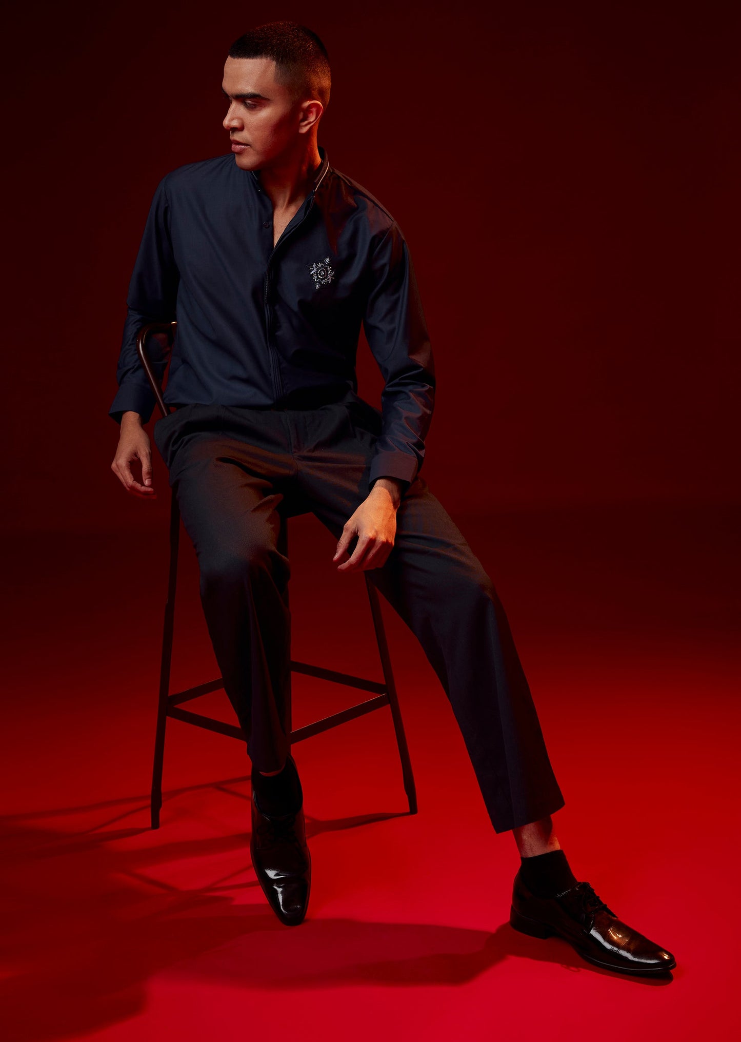 Blue Embroidered Rayon Mandarin Collar Shirt