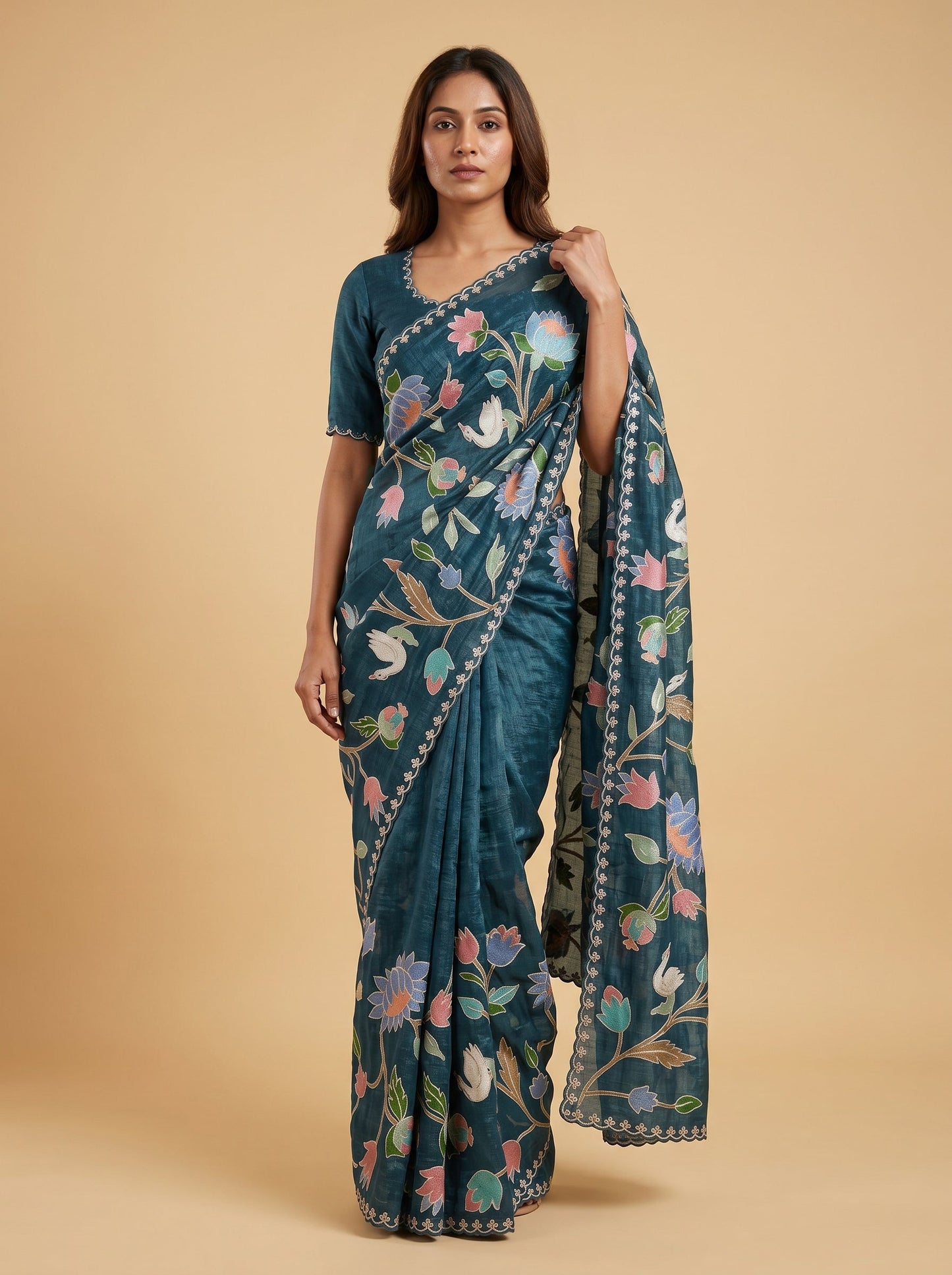 Blue Embroidered Saree with Serene Finish