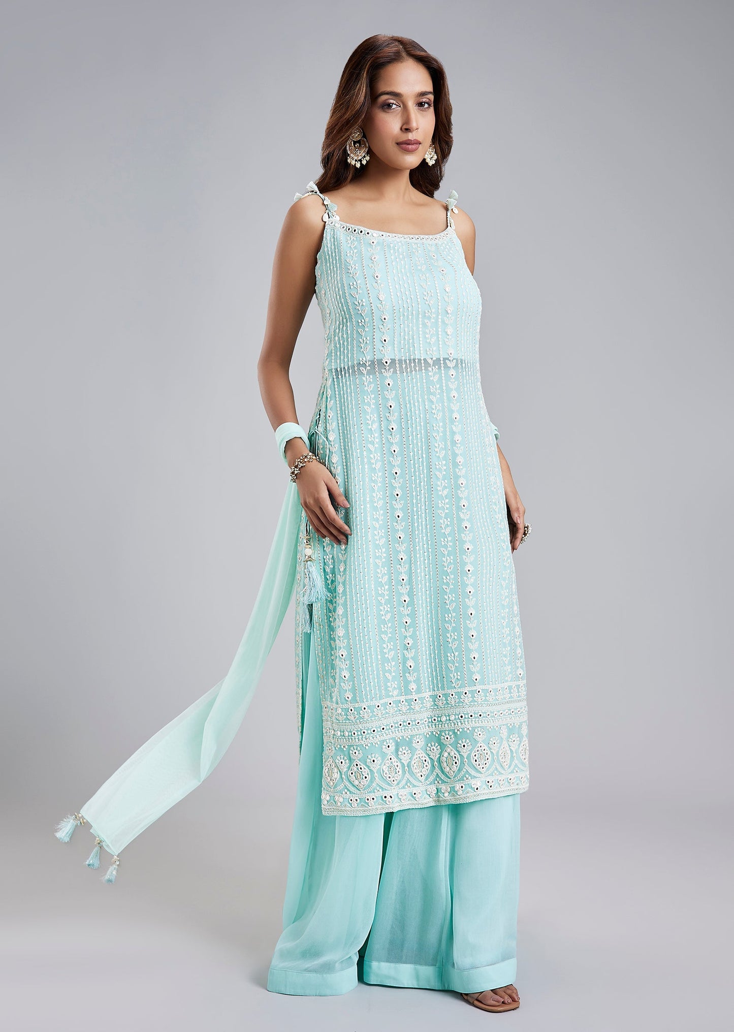 Blue Georgette Palazzo Set With Lucknowi Embroidery And Dupatta