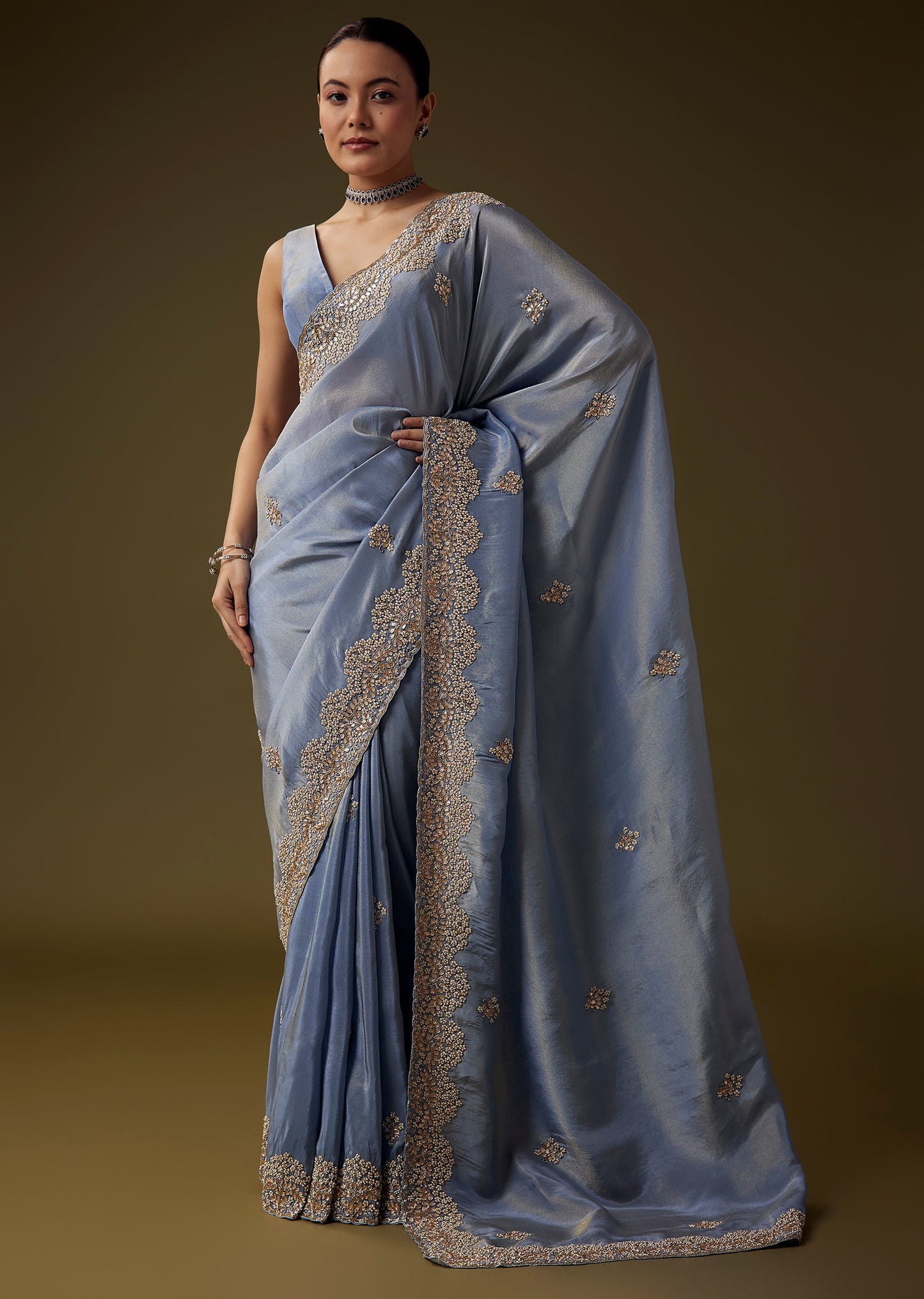 Blue Gota Embroidered Saree with Unstitched Blouse