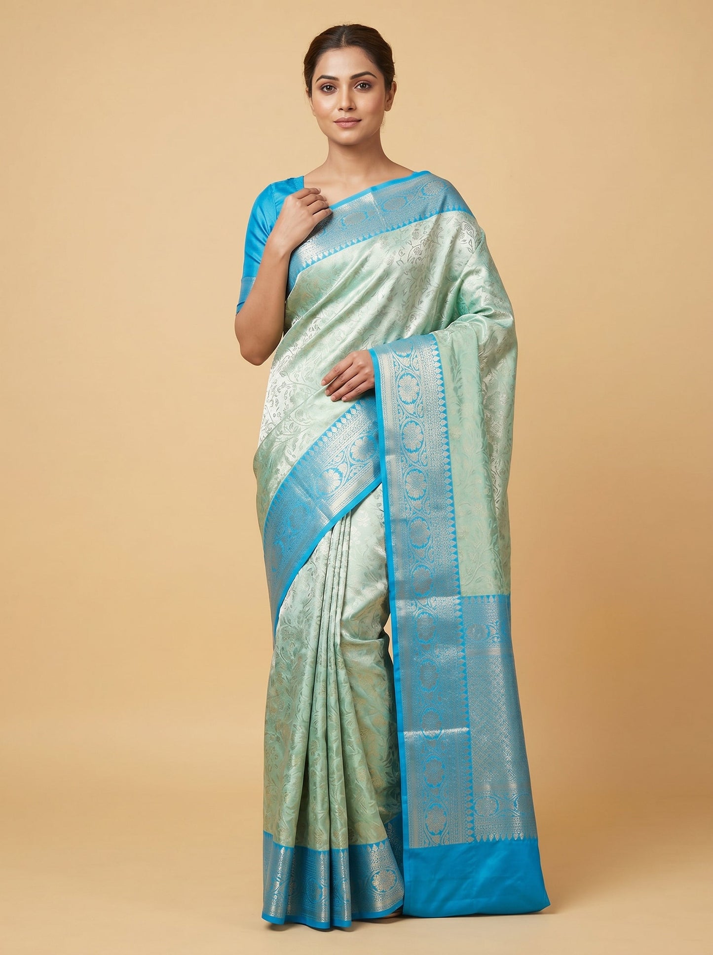 Blue Green Fusion Embroidered Saree