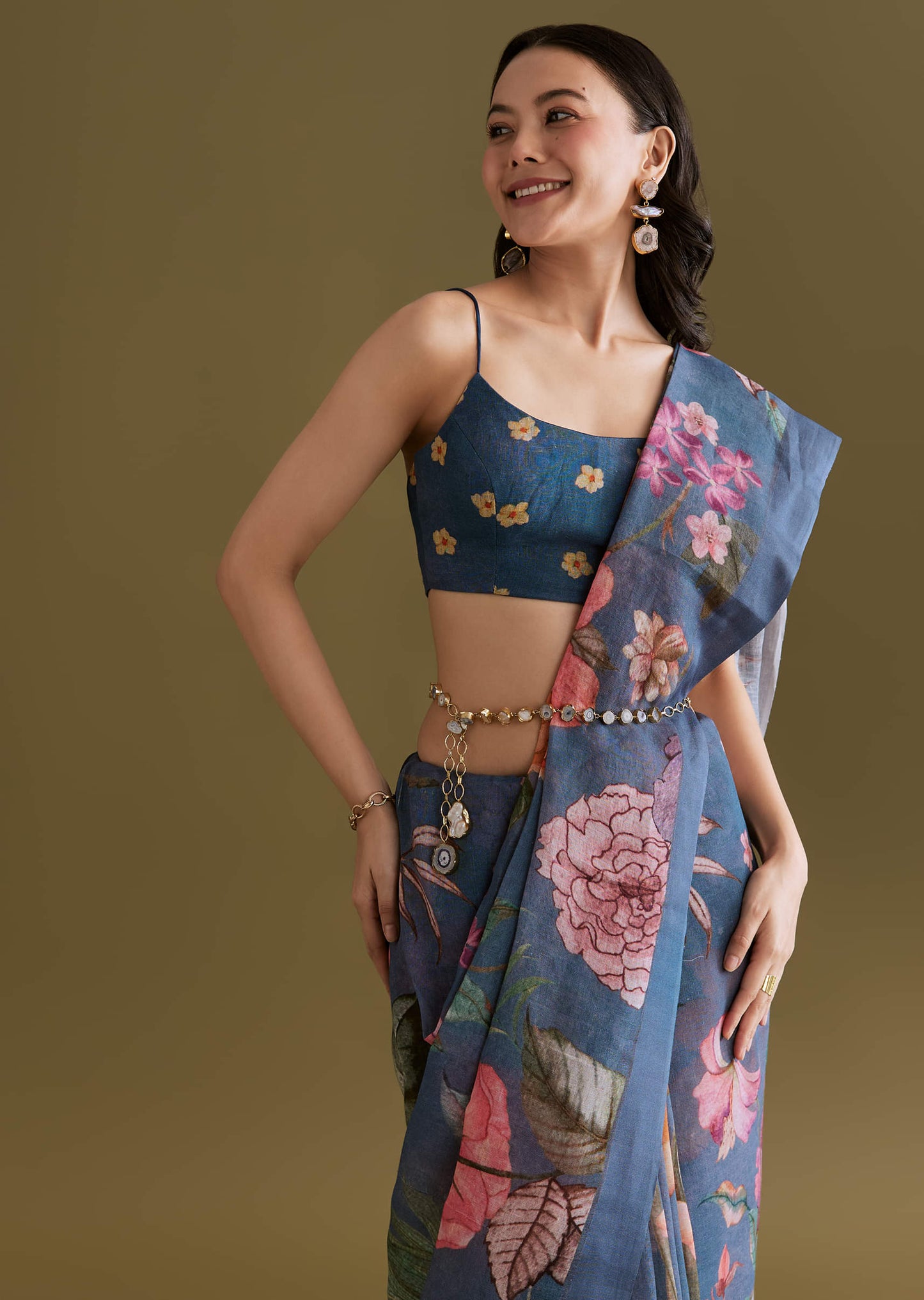 Blue Linen Saree With Botanical Floral Prints