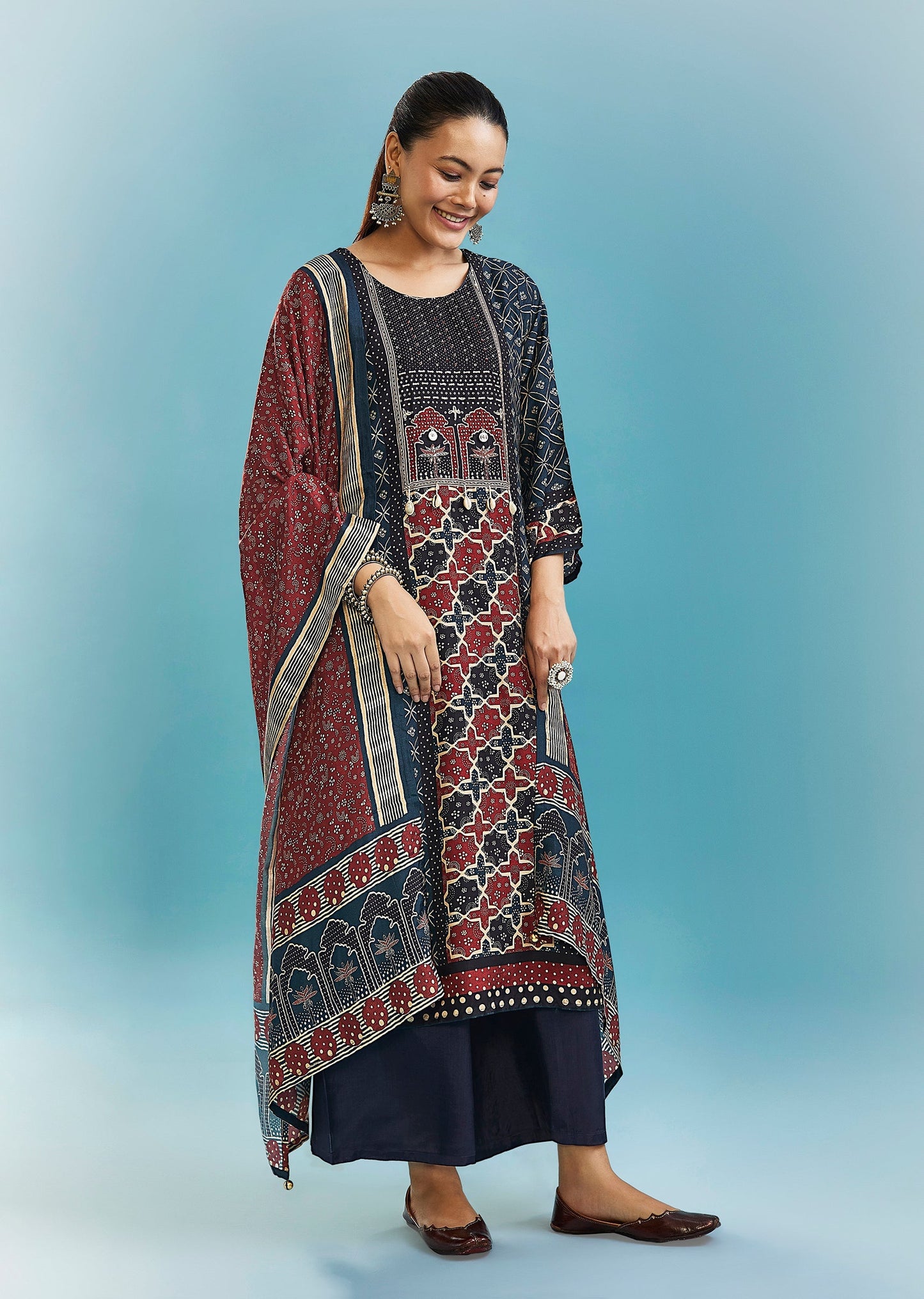 Blue Printed Palazzo Set With Beads And Thread Work