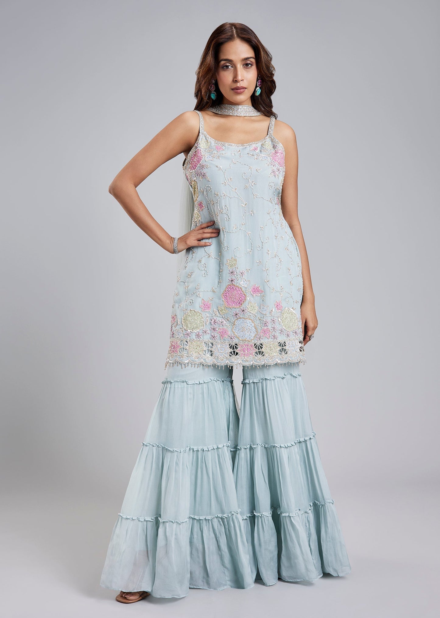 Blue Organza Sharara Set With Cutdana Moti Embroidery And Dupatta
