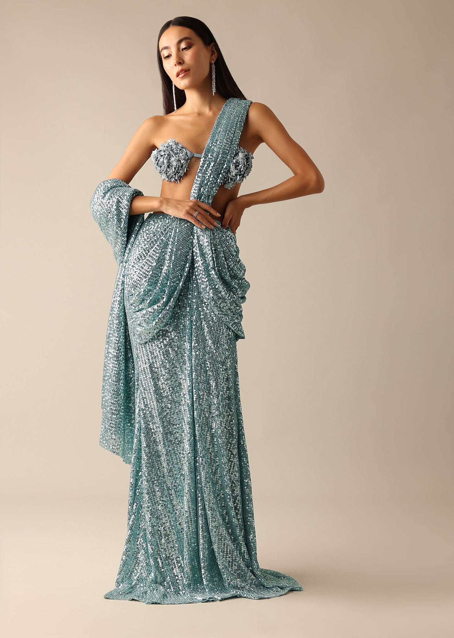 Blue Pre-Stitched Sequin Saree with An Embroidered Bustier Blouse