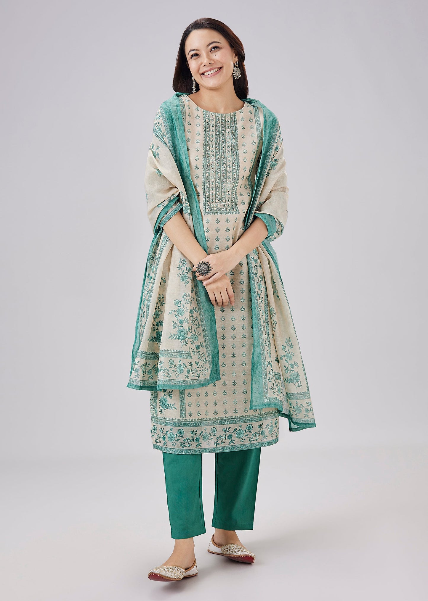 Blue Printed Linen Kurta Set With Dupatta