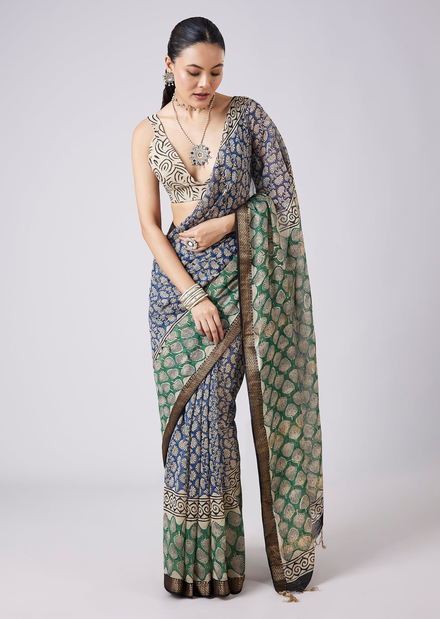 Blue Printed Tassel Border Saree with Unstitched Blouse
