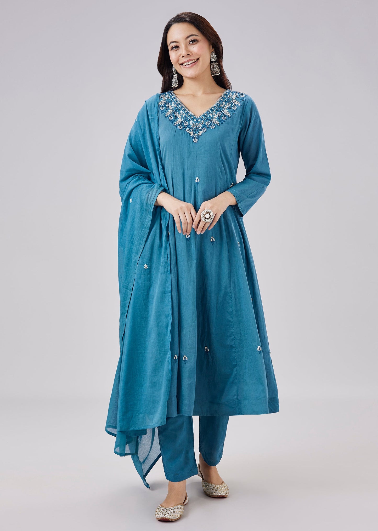 Blue Resham Embroidered Mulmul Anarkali Set With Dupatta