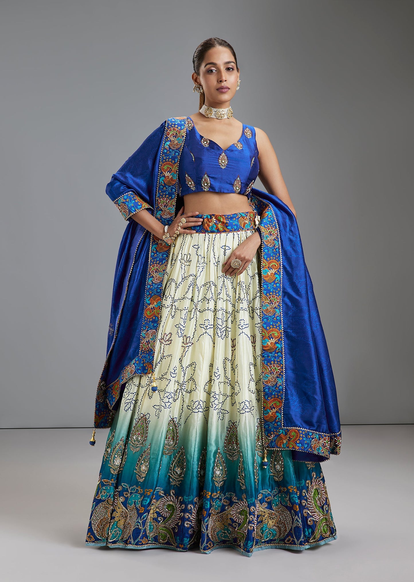 Blue Russian Silk Ombre Floral Lehenga With Moti And Zari Work