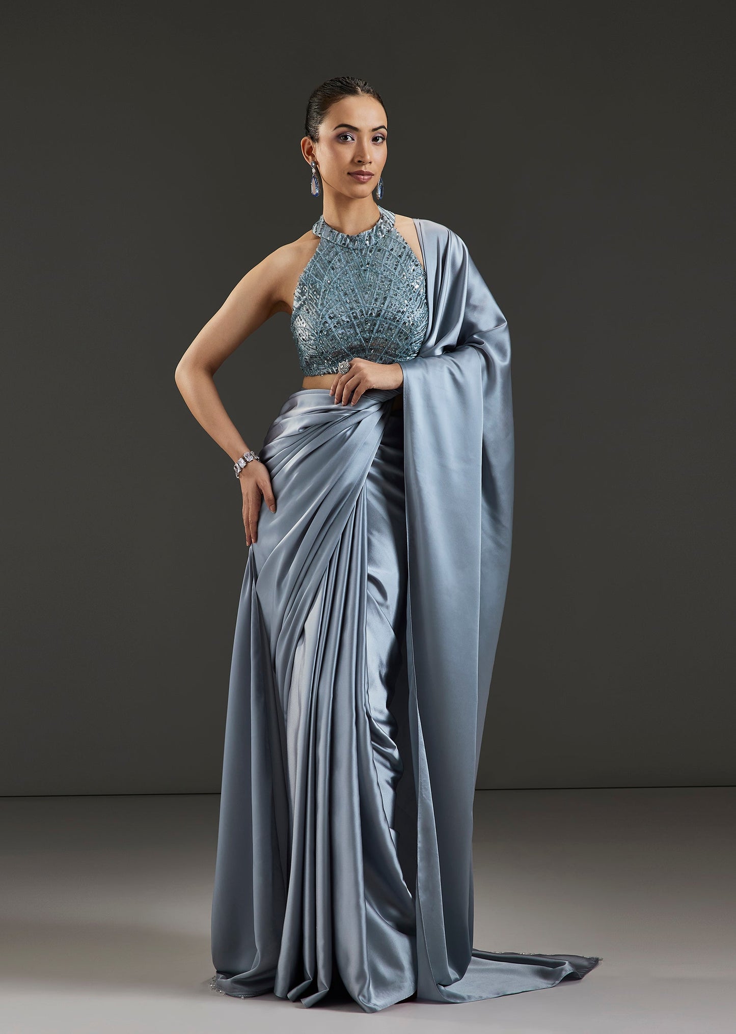 Blue Satin Blend Ready Pleated Saree With Embellished Lace Up Corset