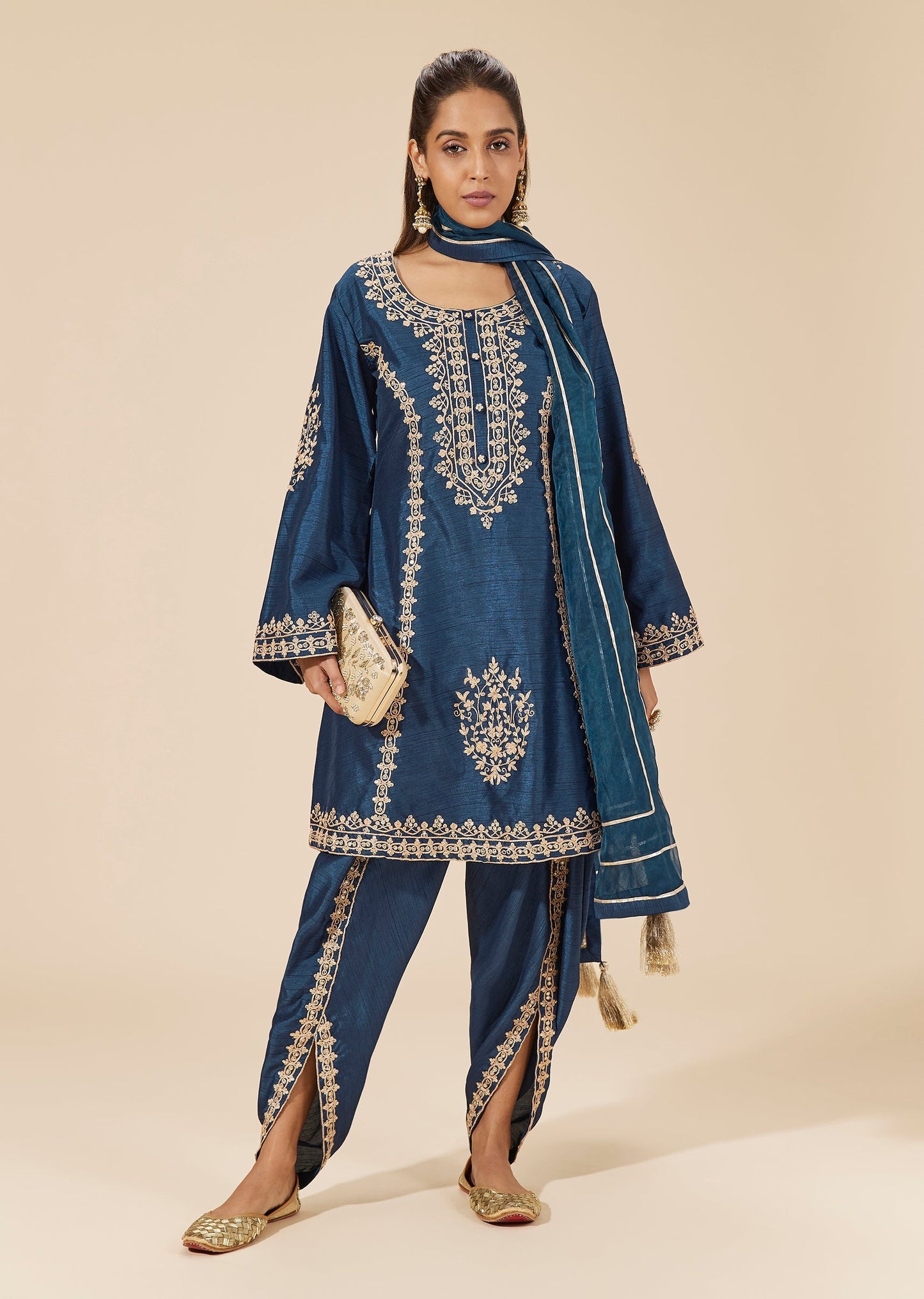 Blue Silk Dhoti Suit With Zari And Sequin Embroidered A Line Kurta