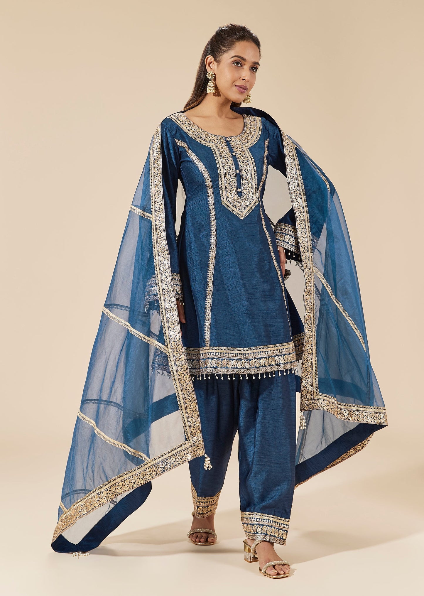 Blue Silk Kurta Set With Zari Sequin And Gotta Embroidery