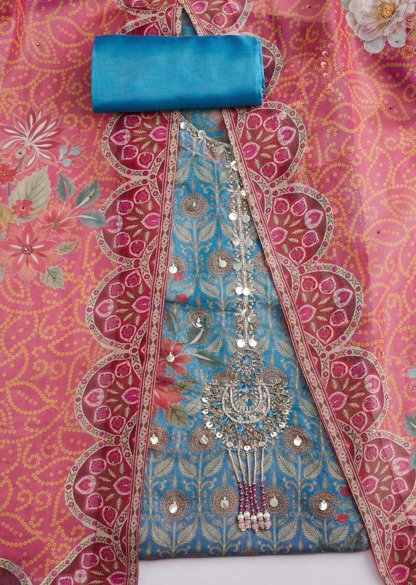 Blue Tissue Printed Unstitched Suit Set With Dupatta