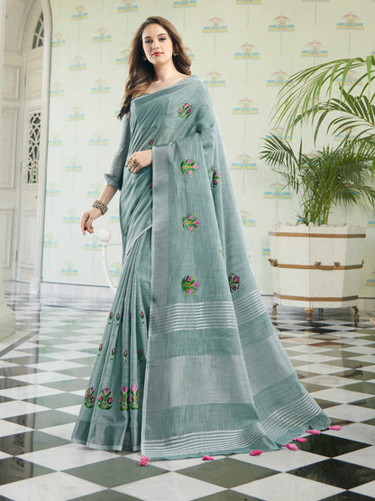 Anaita Blue Linen Embroidery Saree With Blouse