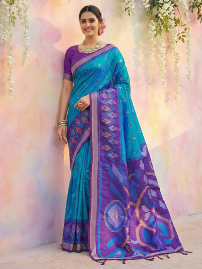Anaita Blue Soft Silk Printed Saree With Blouse