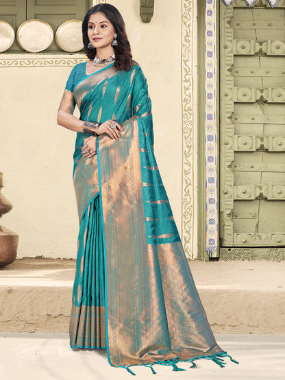 Anaita Blue Soft Silk Woven Saree With Blouse