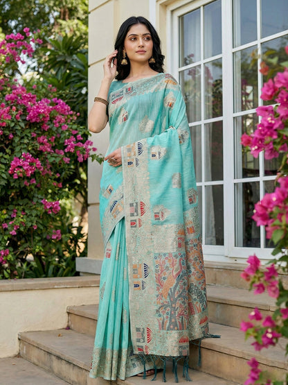Anaita Blue Linen Cotton Woven Saree With Blouse