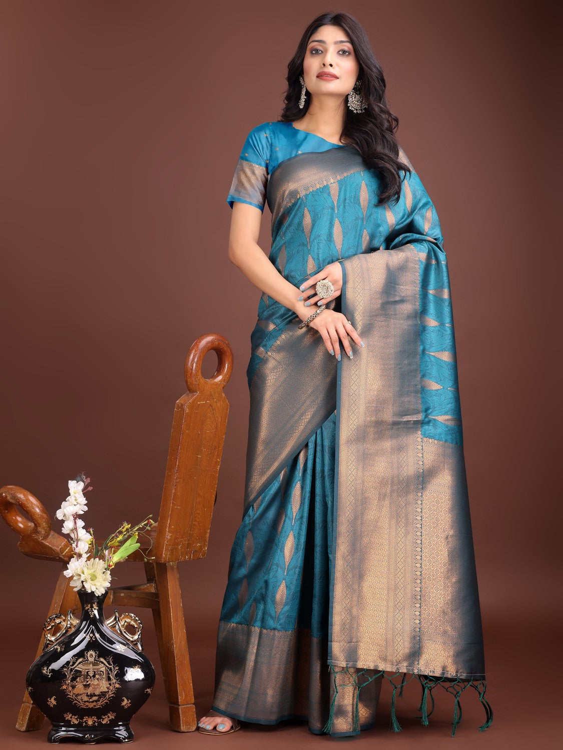Anaita Blue Banarasi Silk Woven Saree With Blouse