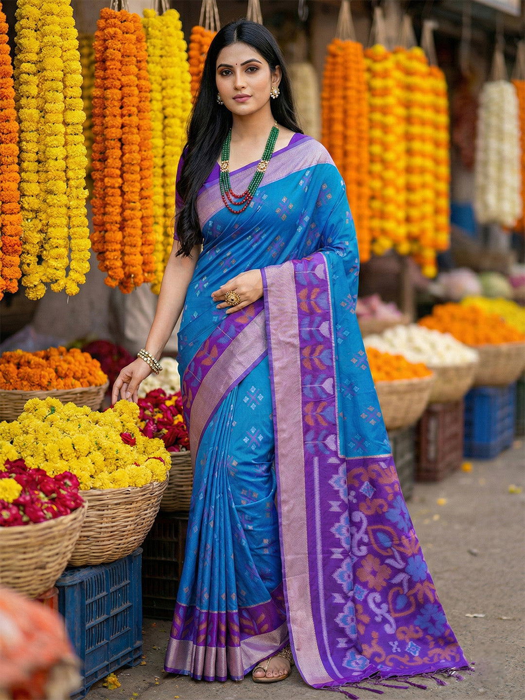 Anaita Blue Pochampally Silk Woven Saree With Blouse