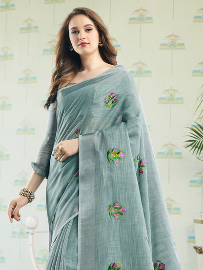 Anaita Blue Linen Embroidery Saree With Blouse