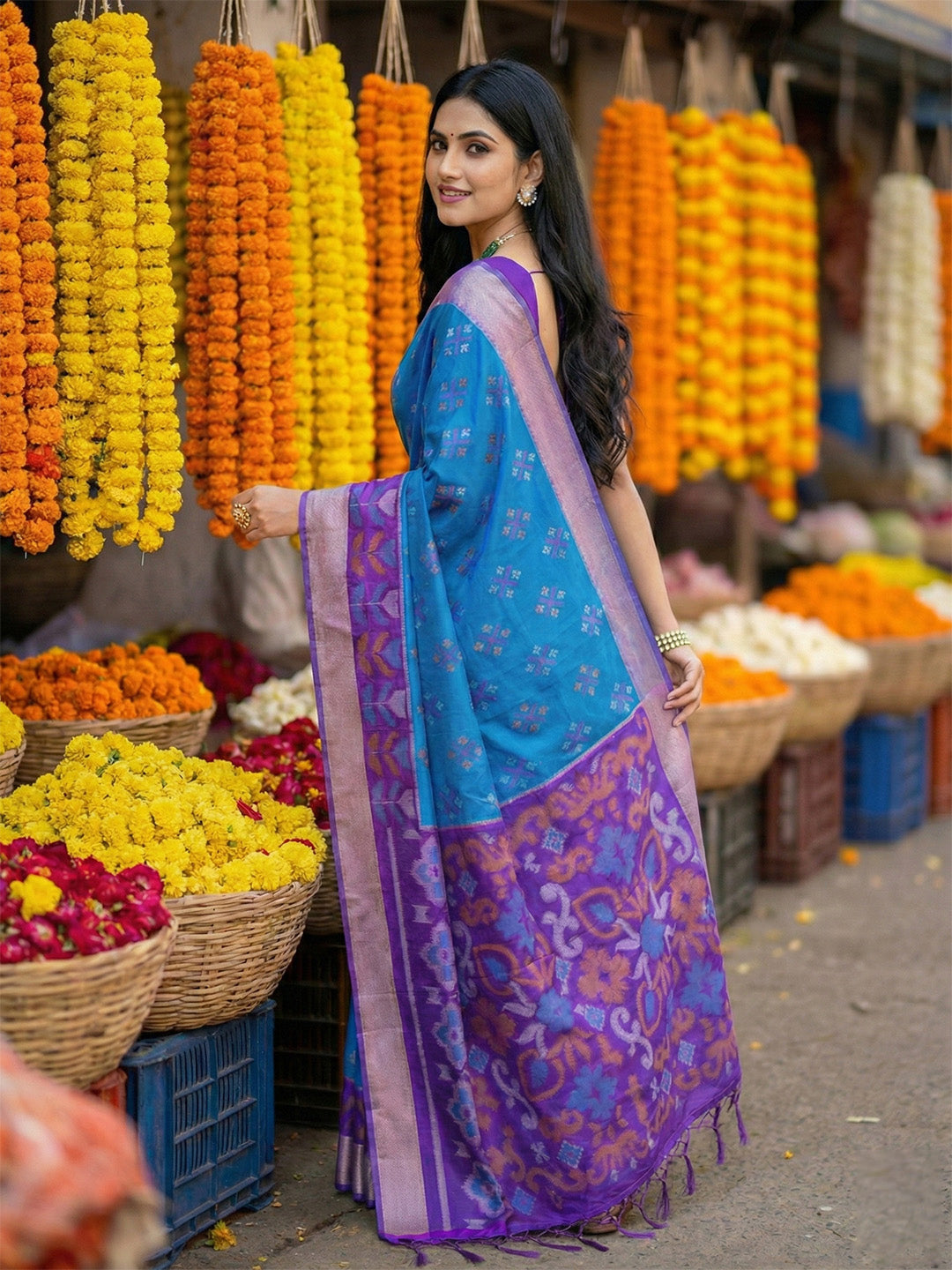 Anaita Blue Pochampally Silk Woven Saree With Blouse