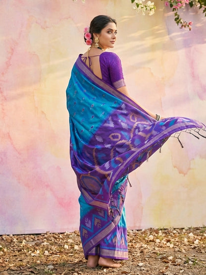 Anaita Blue Soft Silk Printed Saree With Blouse