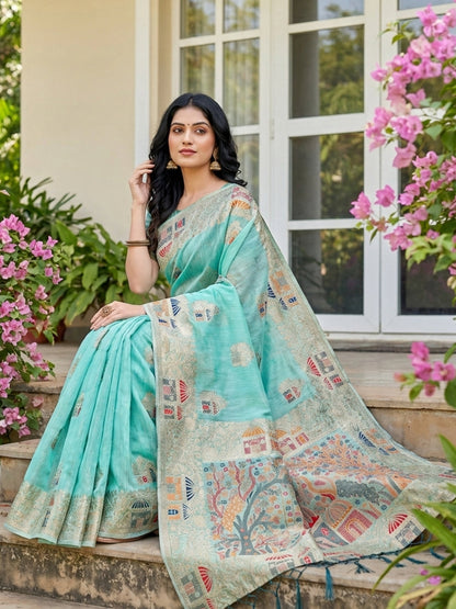 Anaita Blue Linen Cotton Woven Saree With Blouse