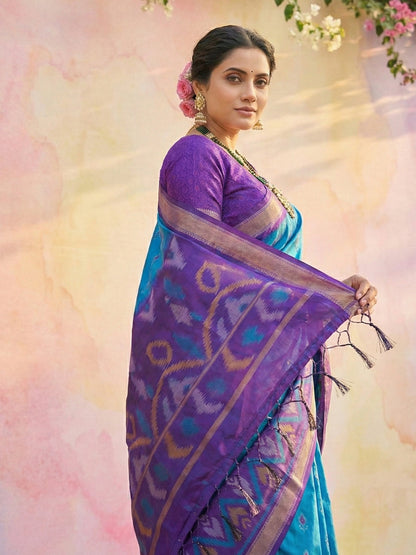 Anaita Blue Soft Silk Printed Saree With Blouse