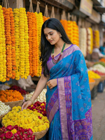 Anaita Blue Pochampally Silk Woven Saree With Blouse