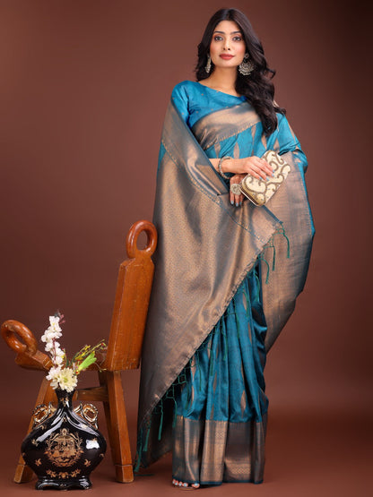 Anaita Blue Banarasi Silk Woven Saree With Blouse
