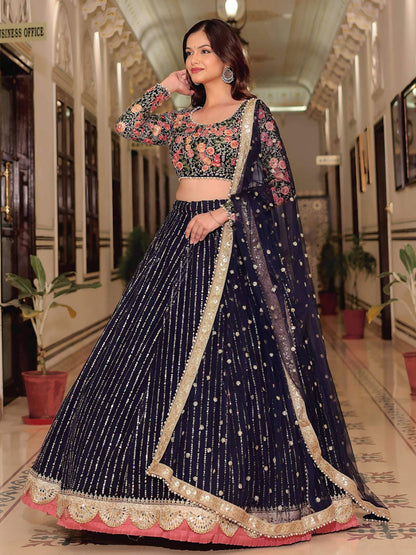 Tulsi Art Gleaming Blue Net Sequins Work Party Wear Lehenga Choli With Dupatta