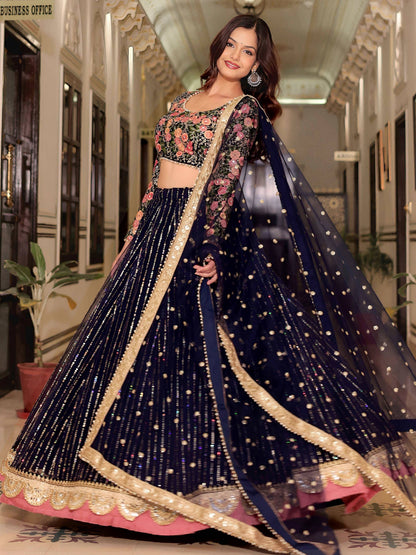 Tulsi Art Gleaming Blue Net Sequins Work Party Wear Lehenga Choli With Dupatta